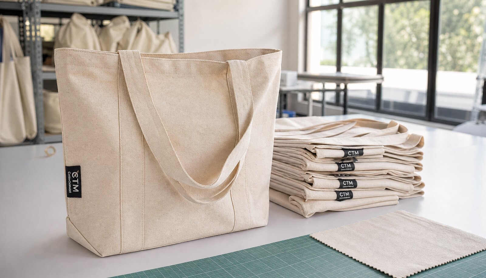 Photorealistic personalized canvas tote bag with a CTM side label in a factory sample room