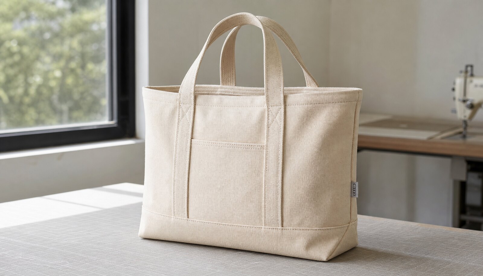 Photorealistic canvas boat tote bag sample with a small CTM / CottonToMaker logo printed on the bag