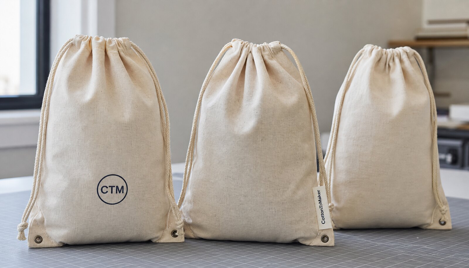 Personalized canvas drawstring bags with a simple CTM logo printed on a finished sample in a factory sample room