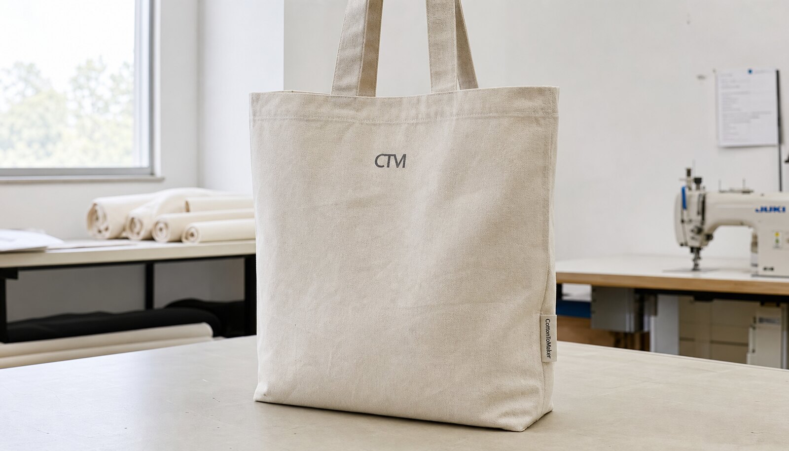 A natural canvas tote bag with a small CTM logo printed on the front and a woven CottonToMaker side label in a factory sample room.