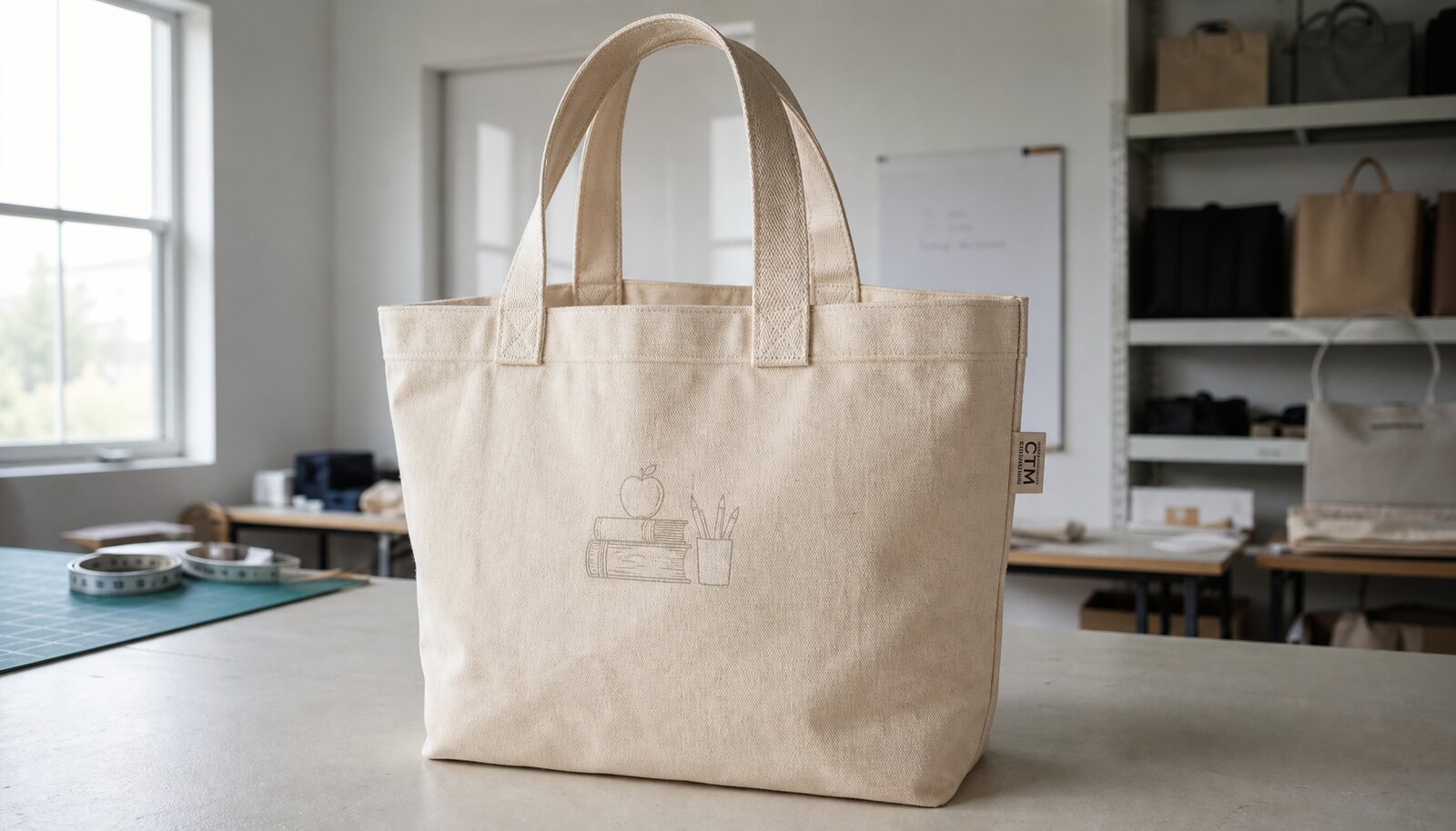 Photorealistic canvas tote bag for teachers with a small CTM woven side label in a clean sample room.