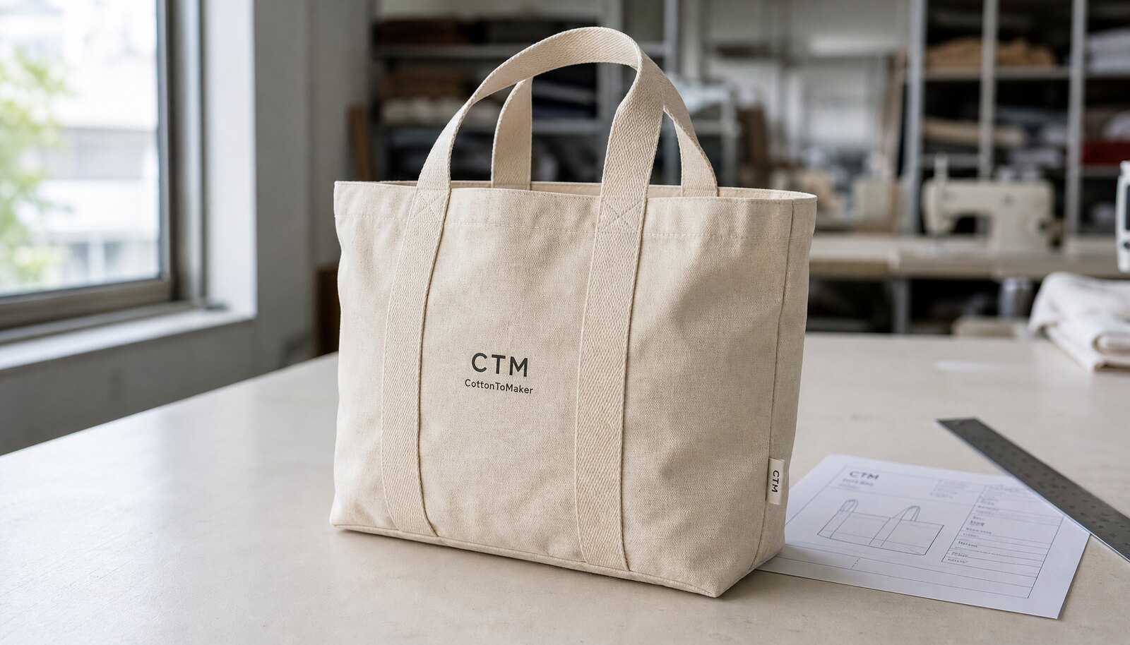 Natural canvas tote bag in a factory sample room with a simple CTM sample logo printed on the bag