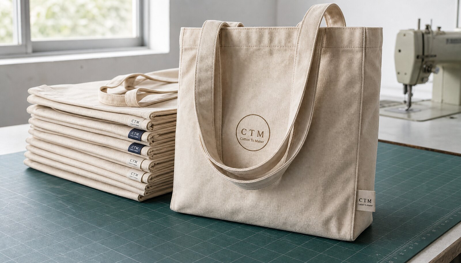 Natural canvas tote bag with a small CTM CottonToMaker sewn side label displayed in a clean factory sample room