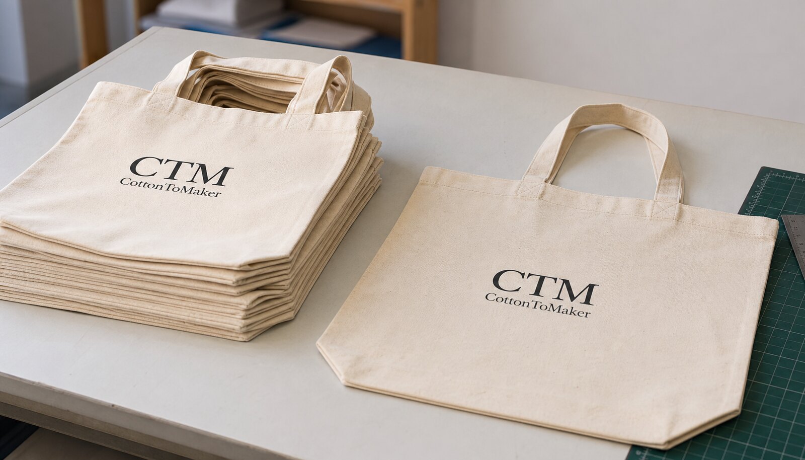 Photorealistic cotton tote bag sample with CTM CottonToMaker logo printed in a factory sample room