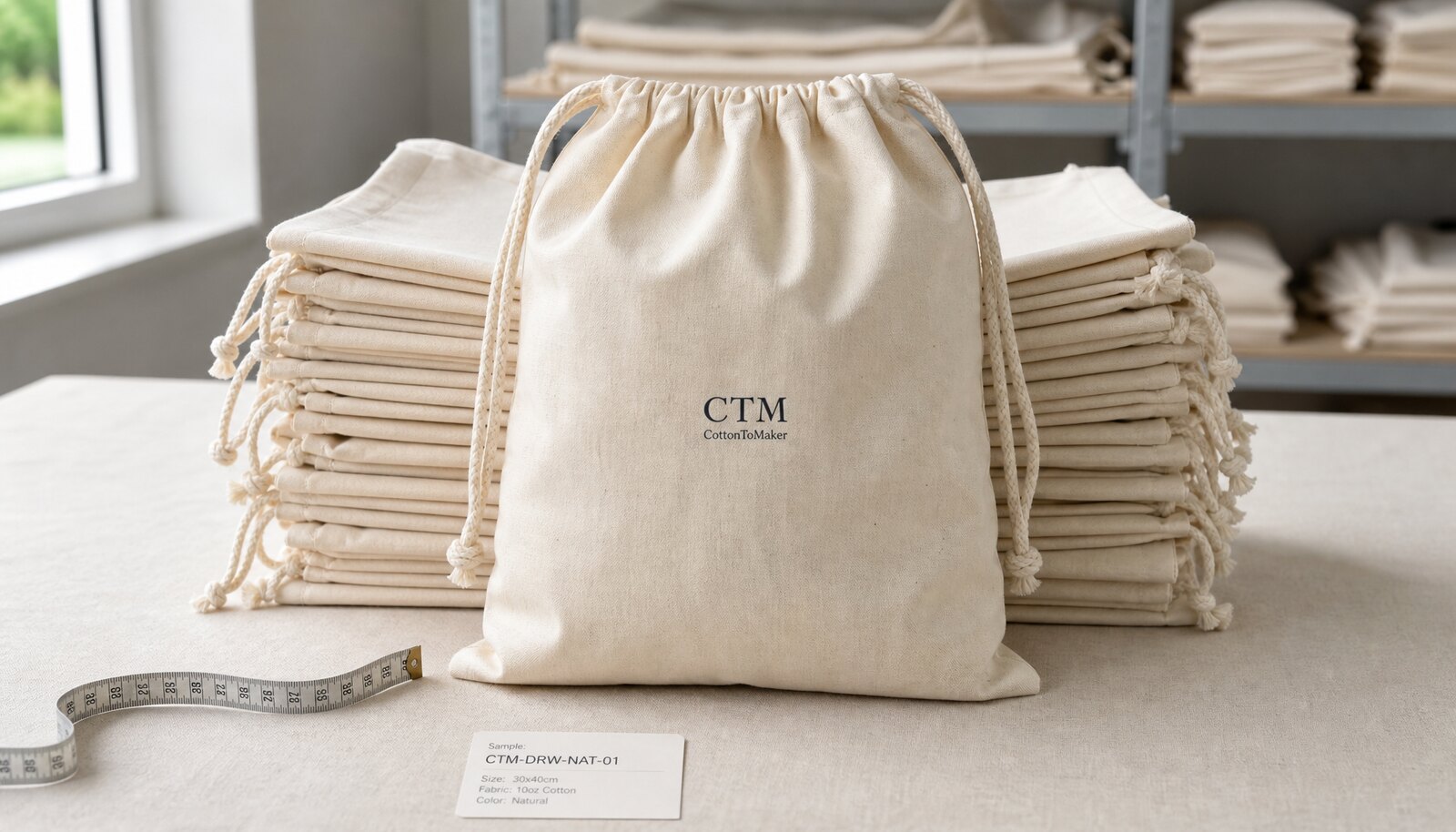 Natural cotton drawstring bag with a small CTM CottonToMaker logo printed directly on the front in a clean factory sample room