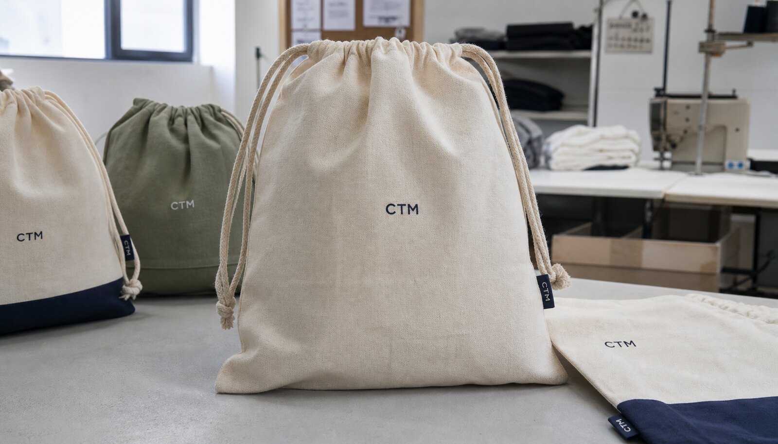 Photorealistic cotton drawstring bags in a factory sample room with a simple CTM logo printed on the bag