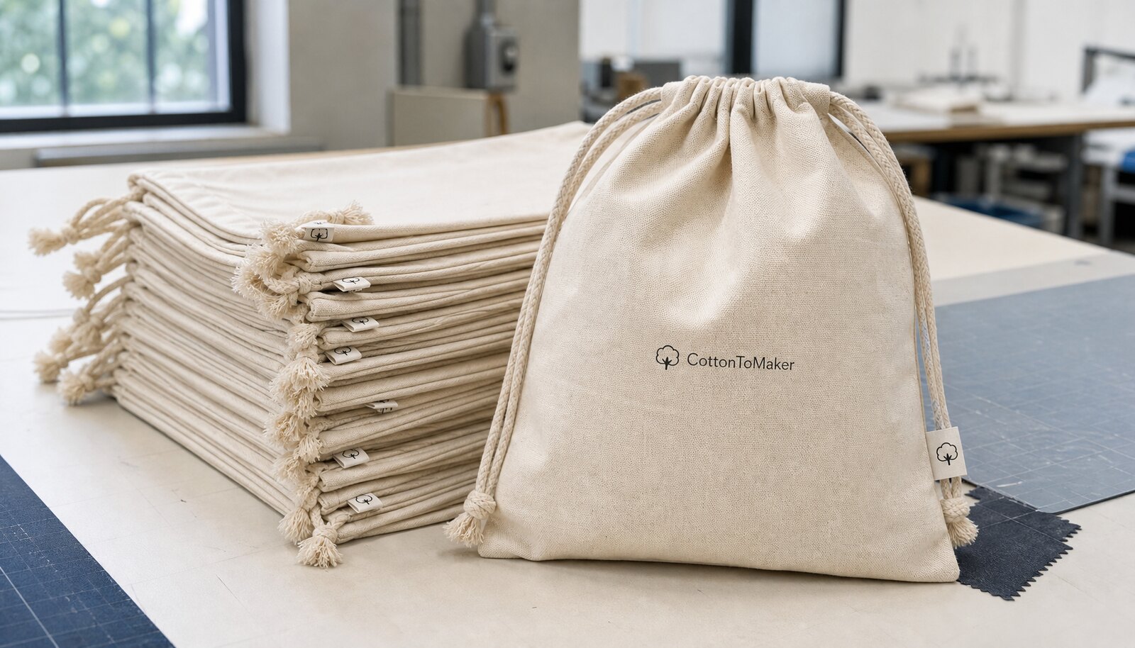 Photorealistic personalized drawstring bag with a simple CottonToMaker logo printed directly on the front in a clean sample room