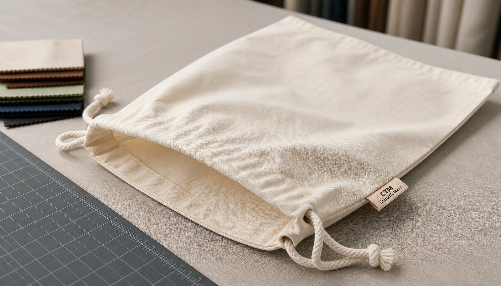 Natural cotton personalized drawstring gift bag with a small CTM sample logo in a clean factory sample room