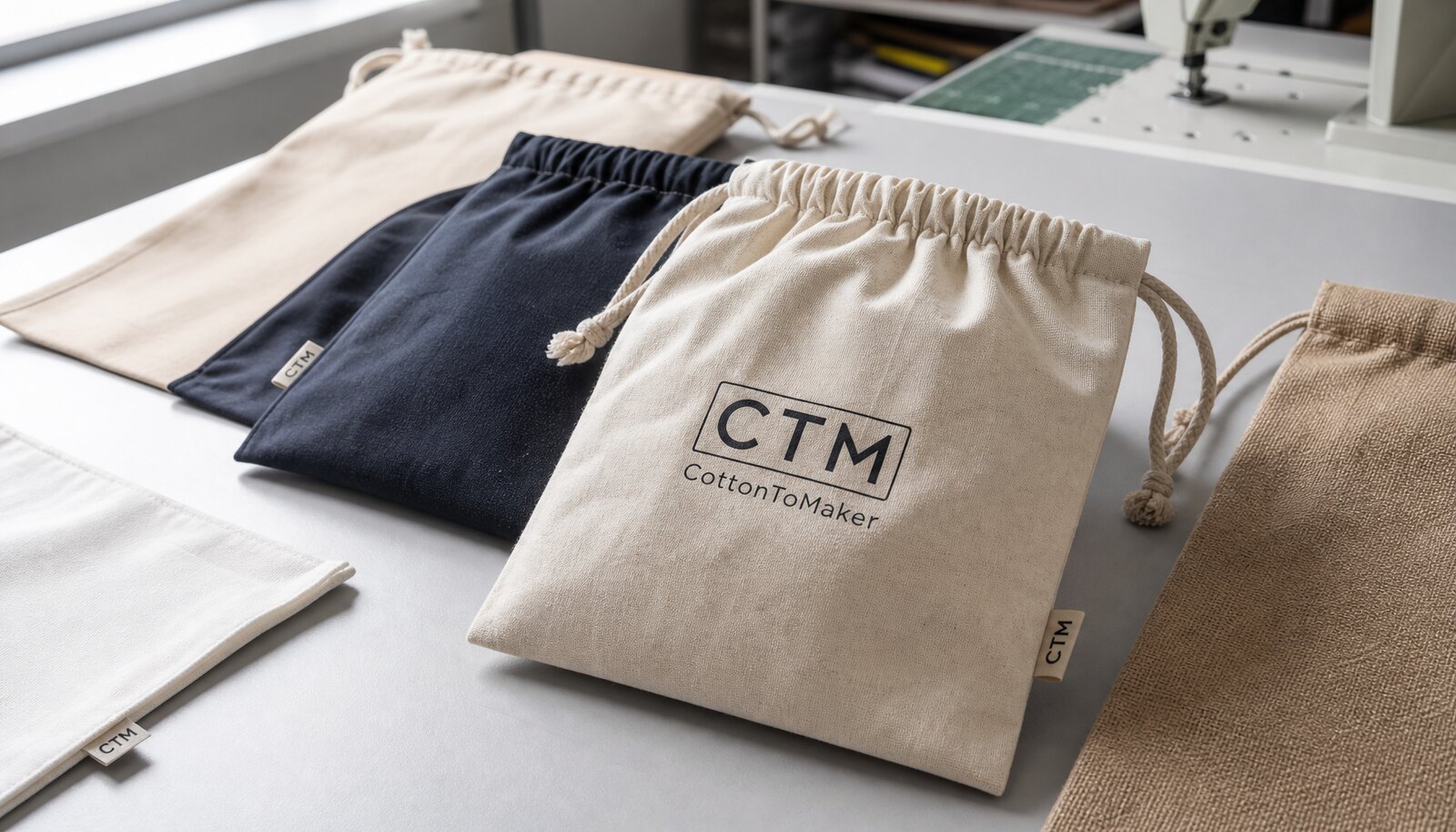 Personalized drawstring pouches with a simple CTM CottonToMaker logo printed on the front in a factory sample room