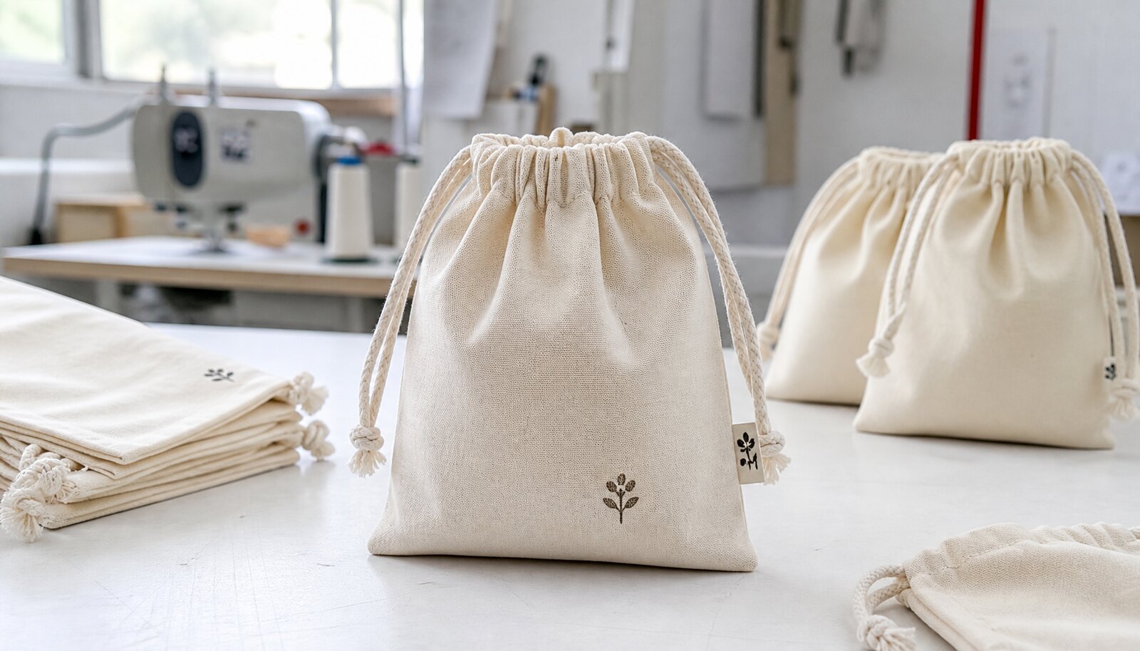 Natural cotton personalized mini drawstring bags with a simple printed brand mark shown in a clean factory sample room