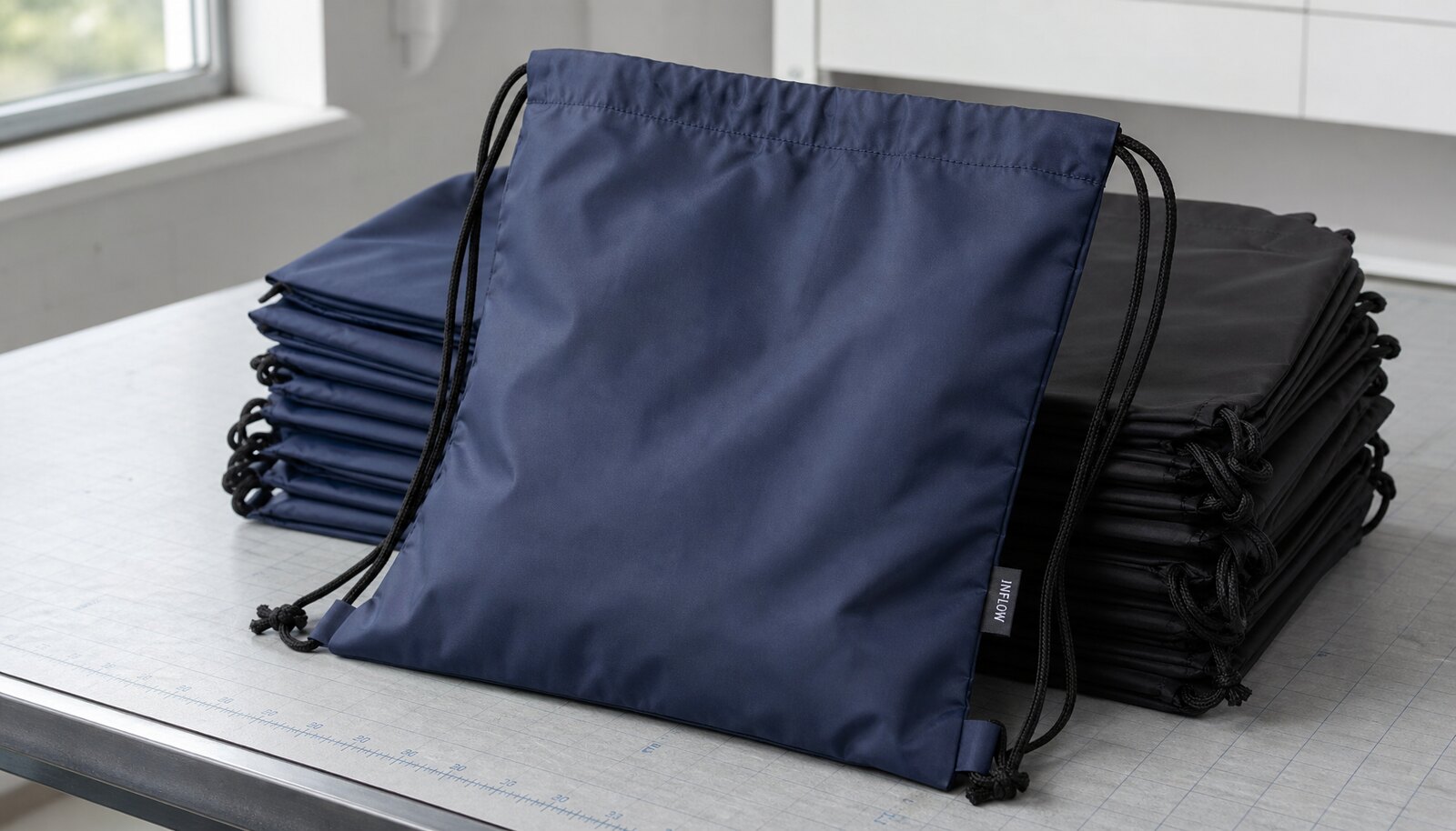 Photorealistic nylon drawstring bags in a factory sample room with a sewn CTM sample label
