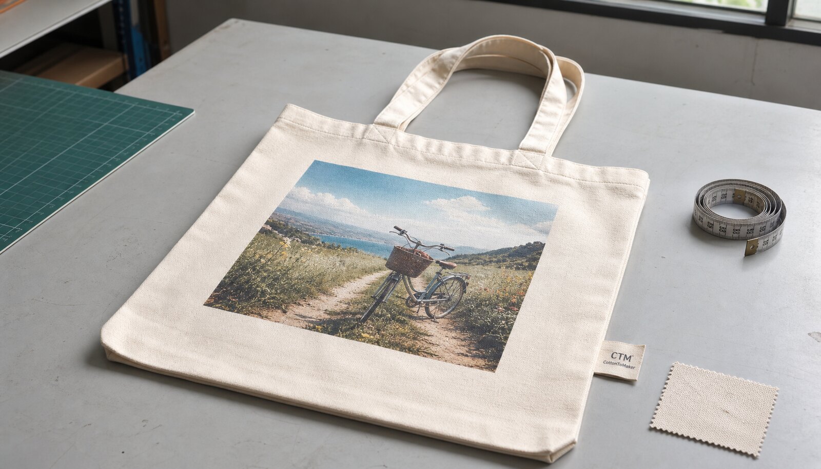 Canvas tote bag with a photo print and a small CTM side label in a factory sample room