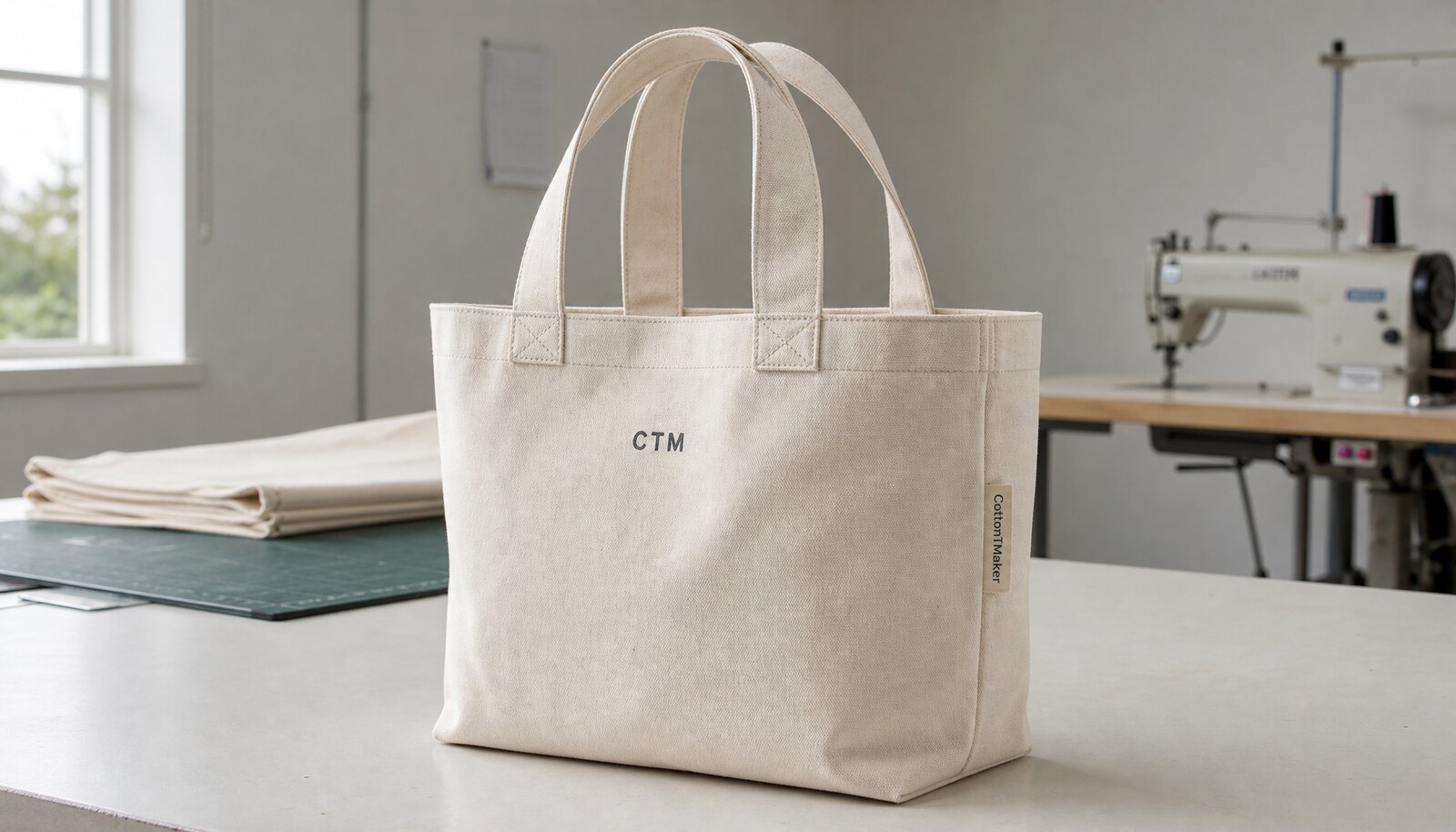 Natural canvas tote bag with visible reinforcement, printed logo, and side label in a factory sample room.