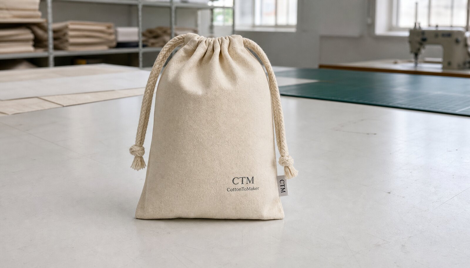 Small personalized cotton drawstring bag with a CTM sample logo and woven side label in a factory sample room.