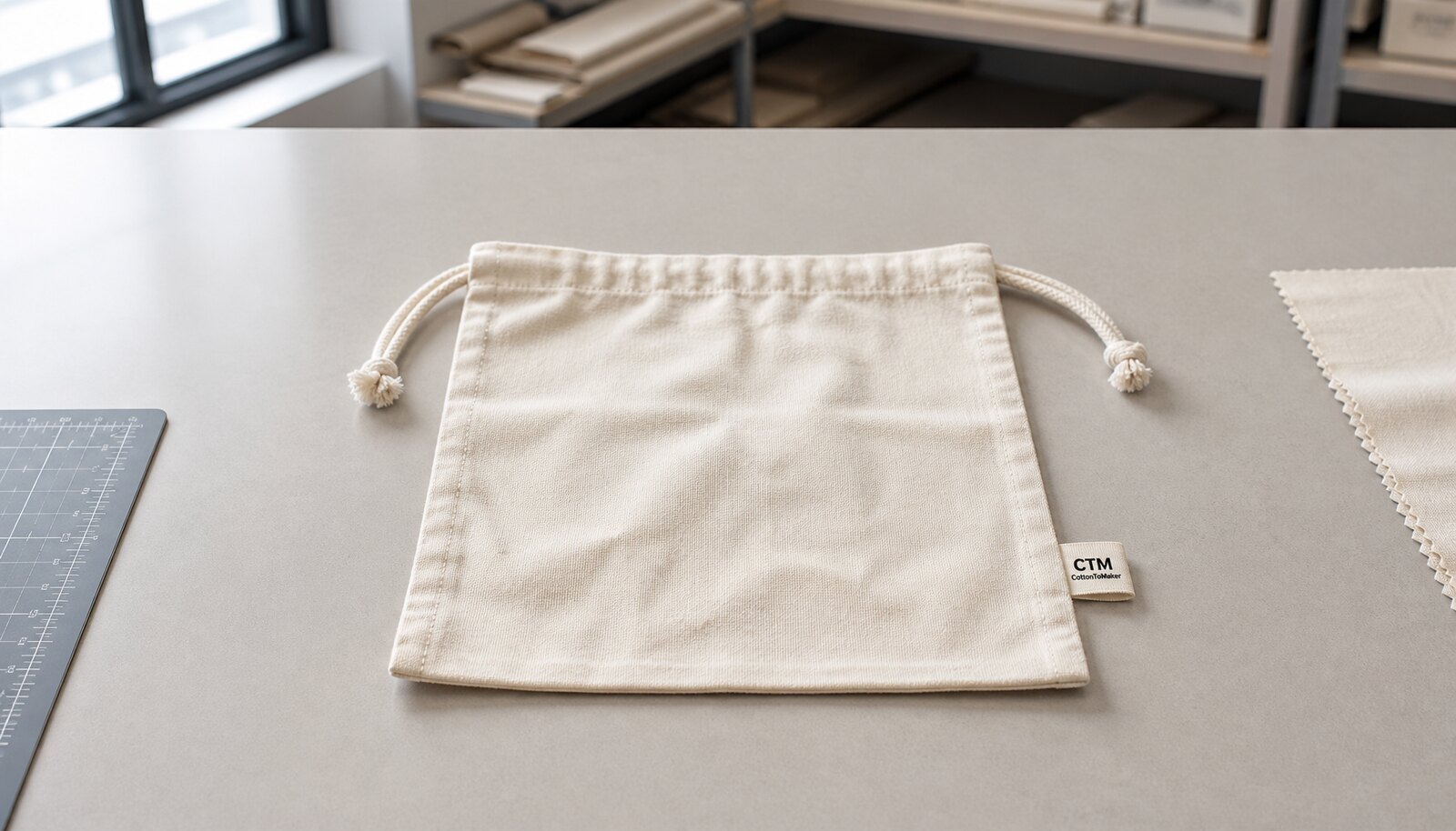 Natural cotton personalized string bag with a small CTM sample logo in a factory sample room
