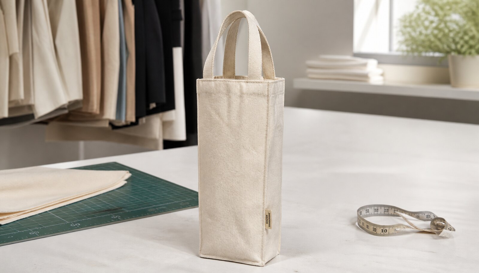 Natural cotton wine bag with a sewn CTM sample label in a clean studio