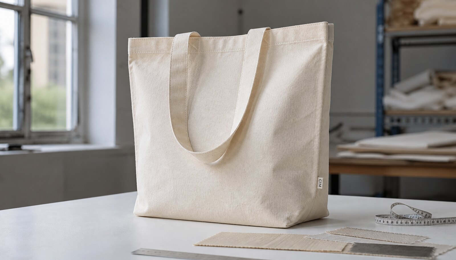 Plain cotton tote bag with a small CTM sample logo in a factory sample room