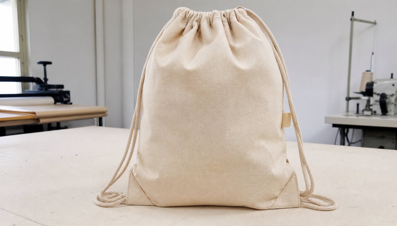 Photorealistic cotton drawstring backpack with a small CTM sample logo in a factory sample room