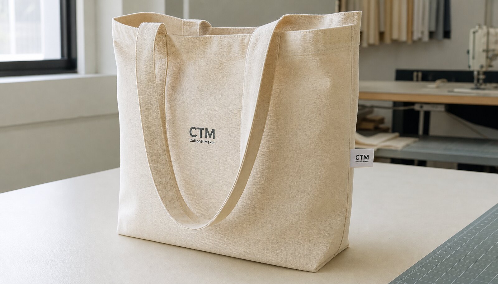 Natural canvas tote bag with a small CTM CottonToMaker logo printed and a woven side label in a factory sample room