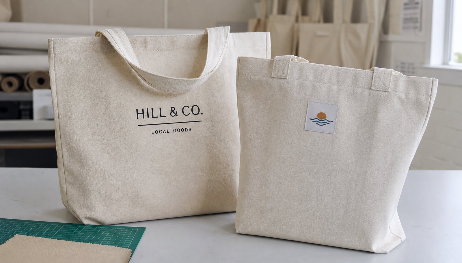 Natural cotton canvas shopping bags with sample decoration in a clean factory sample room