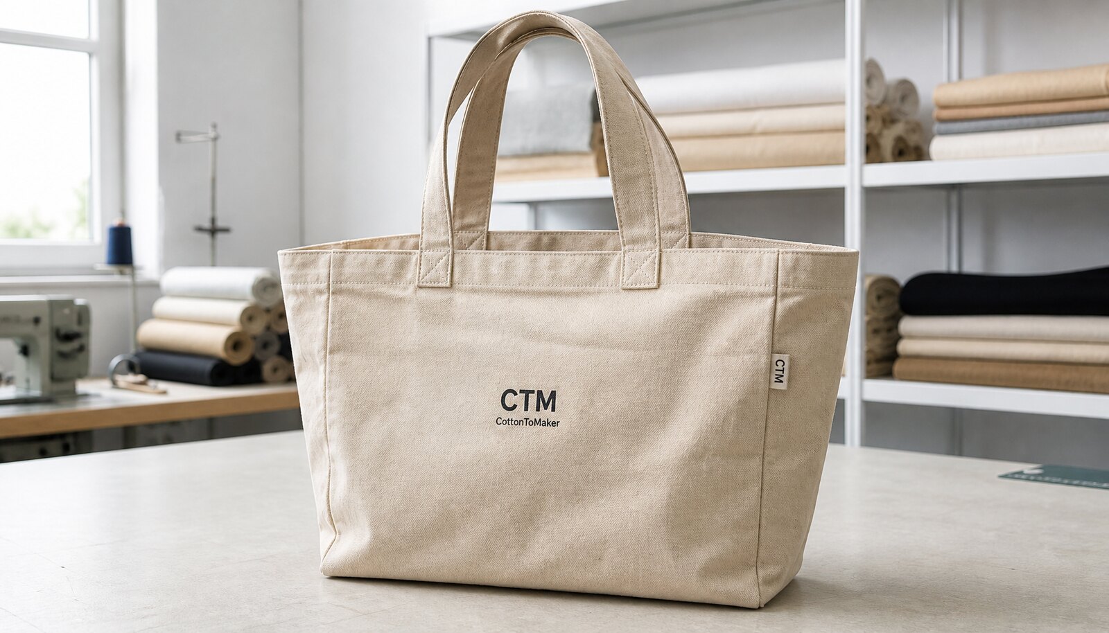 A natural canvas shopping bag with a small CTM/CottonToMaker logo printed on the front in a clean factory sample room.