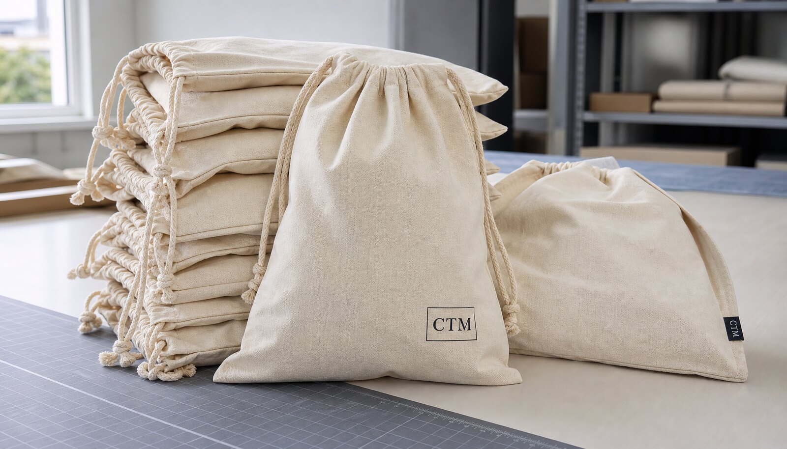 Natural canvas drawstring bags with a small CTM logo printed on the bag in a clean factory sample room