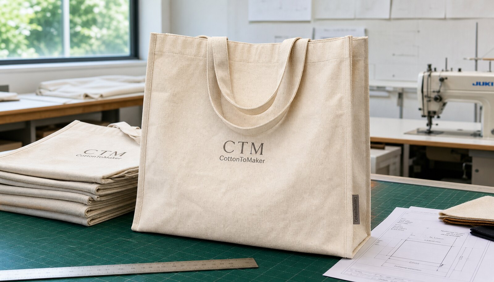 Printed canvas shopping bags with a simple CTM CottonToMaker logo in a factory sample room