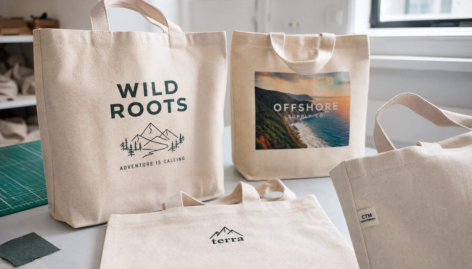 Factory sample room photo of printed canvas shopping bags with a small CTM/CottonToMaker side label
