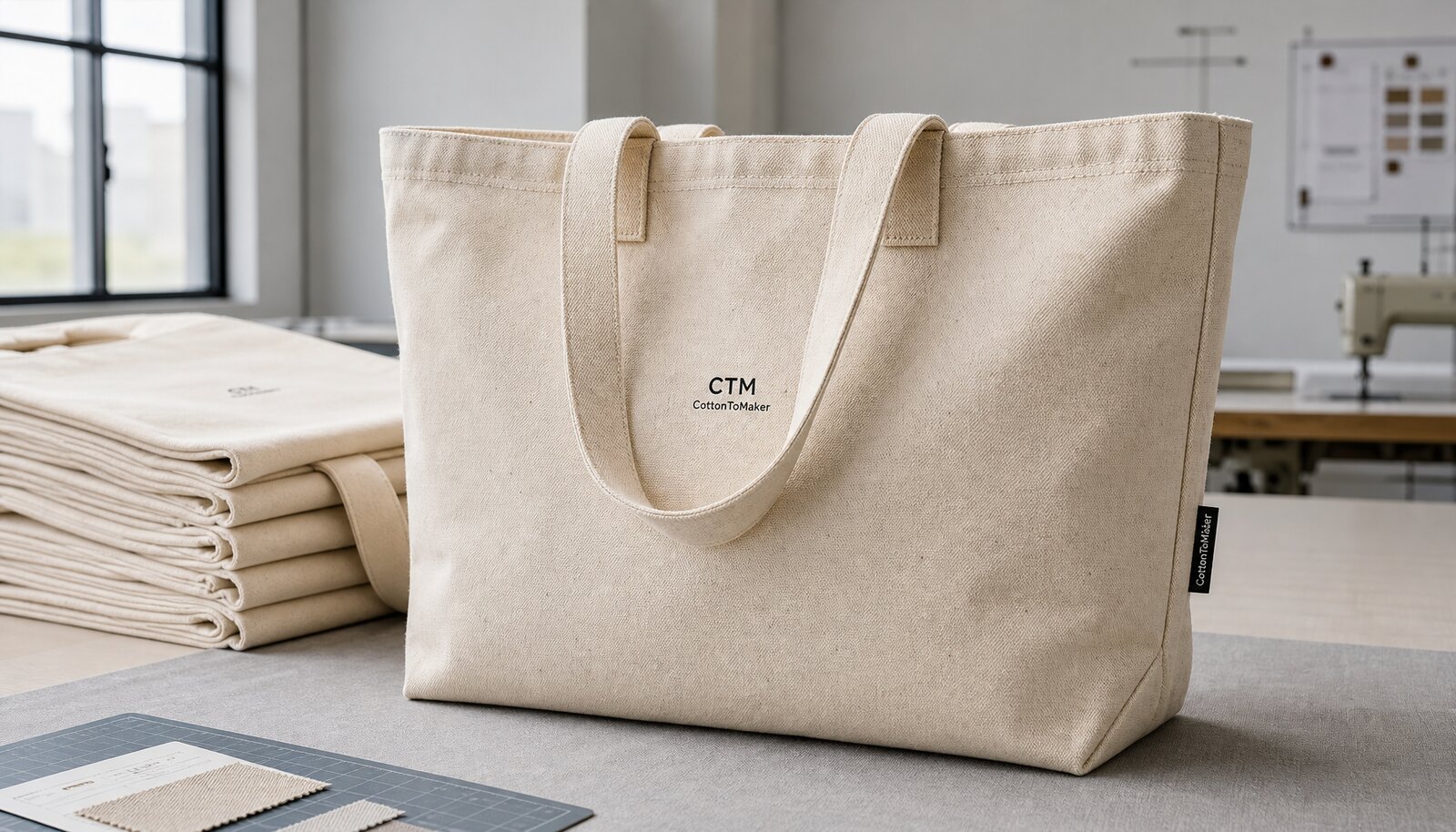 Printed canvas shopping bags with a small CTM/CottonToMaker logo shown in a clean factory sample room