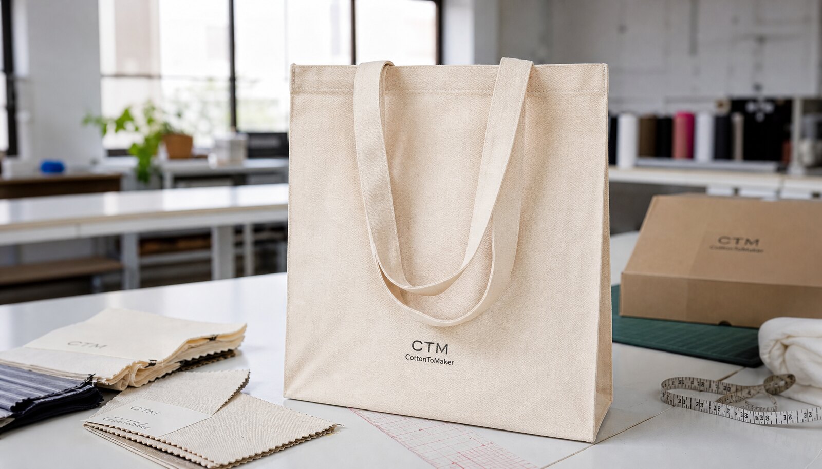 Natural canvas boutique tote with a CTM sample logo in a factory sample room