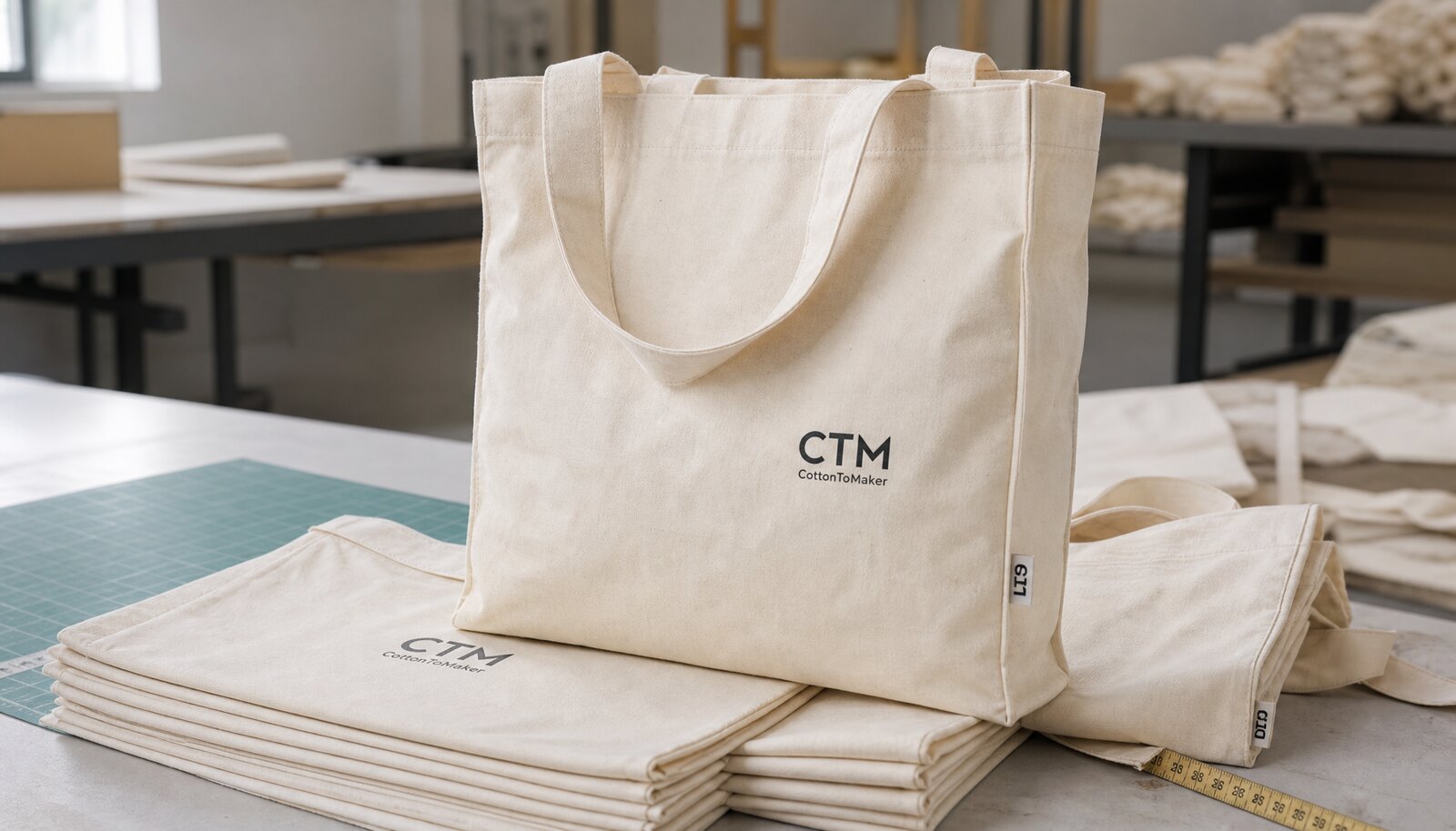 Natural printed canvas shopping bag with a small CTM CottonToMaker logo in a clean factory sample room