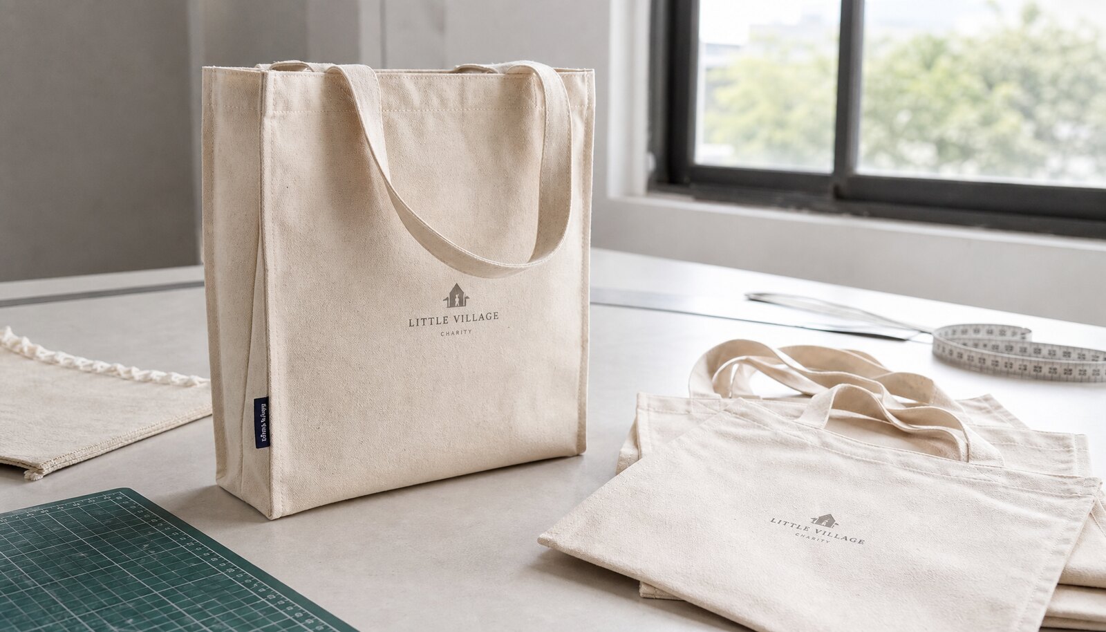 Natural canvas shopping bags in a factory sample room with a small CTM/CottonToMaker logo sewn on the bag