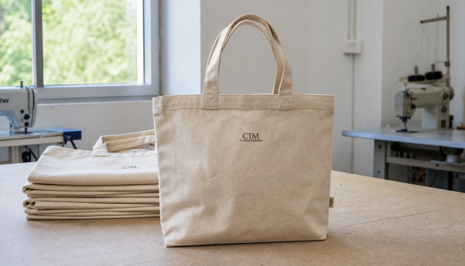 Printed canvas shopping bags with a simple CTM/CottonToMaker logo shown in a clean factory sample room