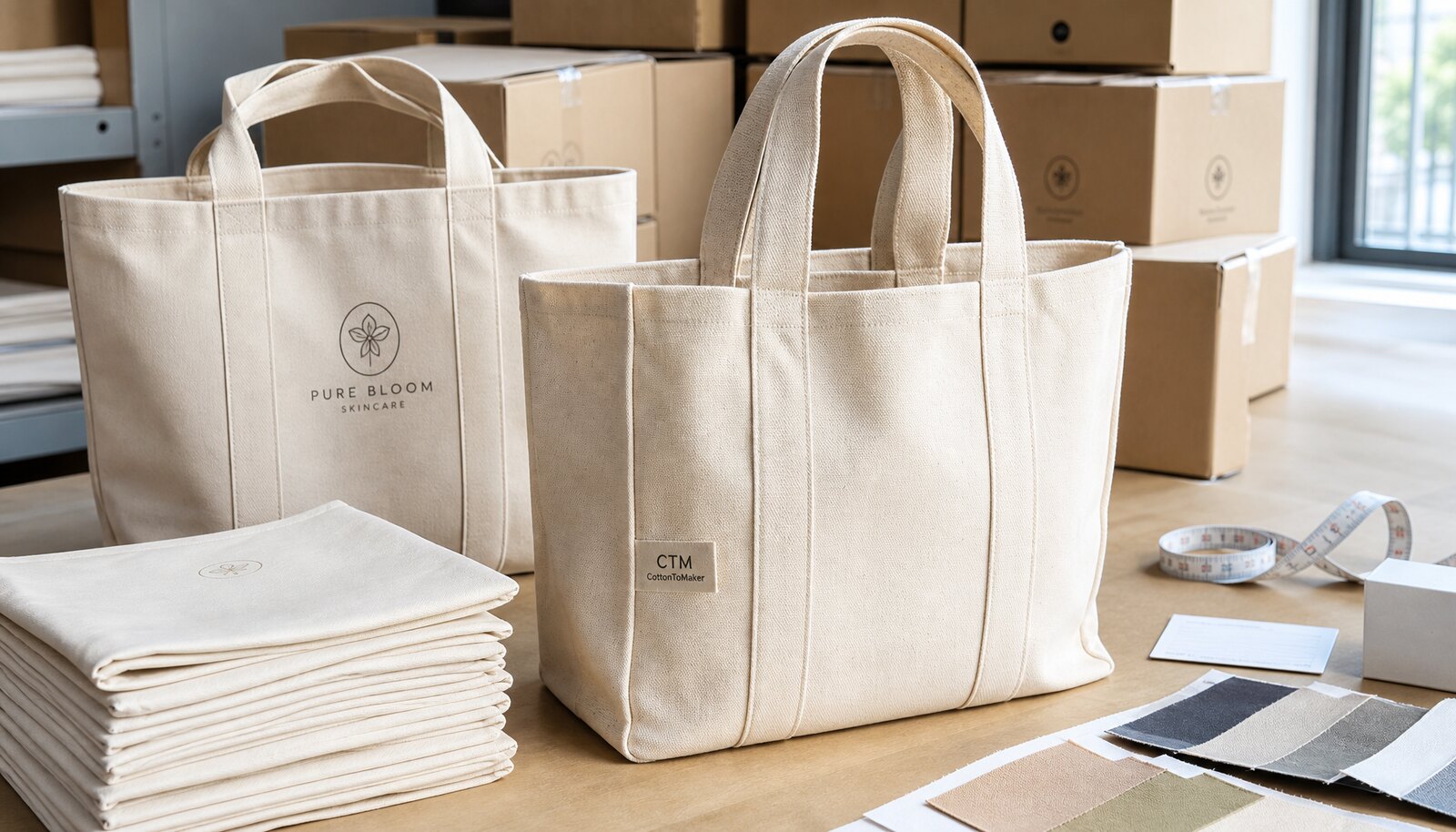 Printed canvas shopping bags for a cosmetic brand with a CTM CottonToMaker side label in a factory sample room