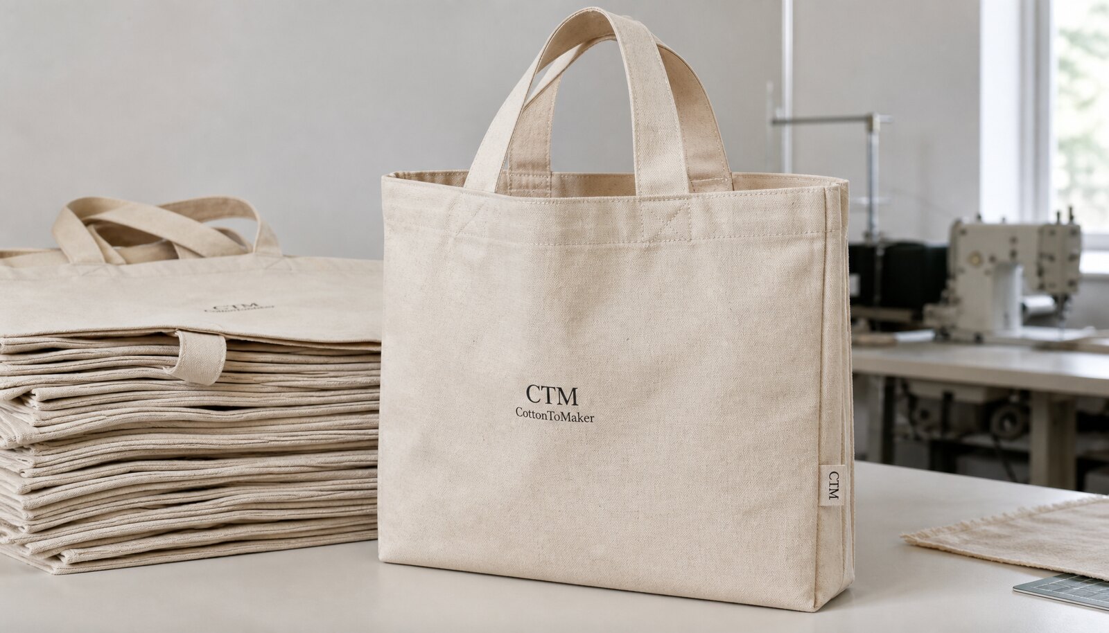 Printed canvas shopping bags with a small CTM CottonToMaker sample logo shown in a clean factory sample room