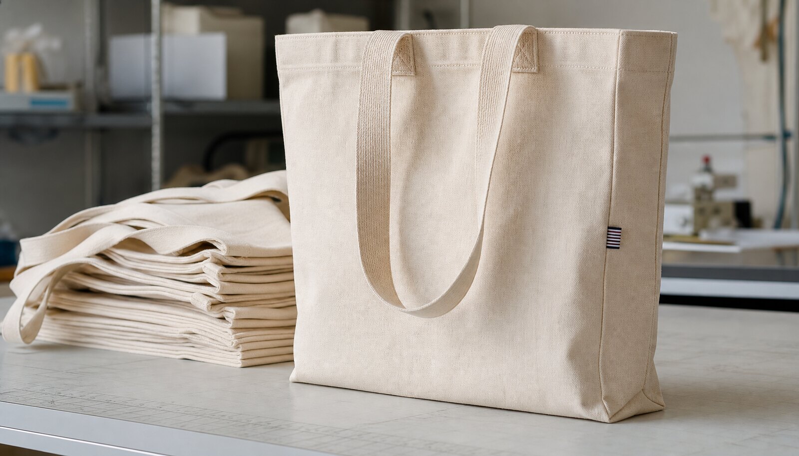 Printed canvas shopping bags with a small CTM/CottonToMaker logo shown in a clean factory sample room