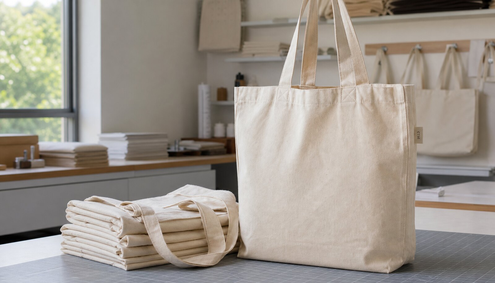 Printed canvas shopping bags with a small CTM side label in a factory sample room