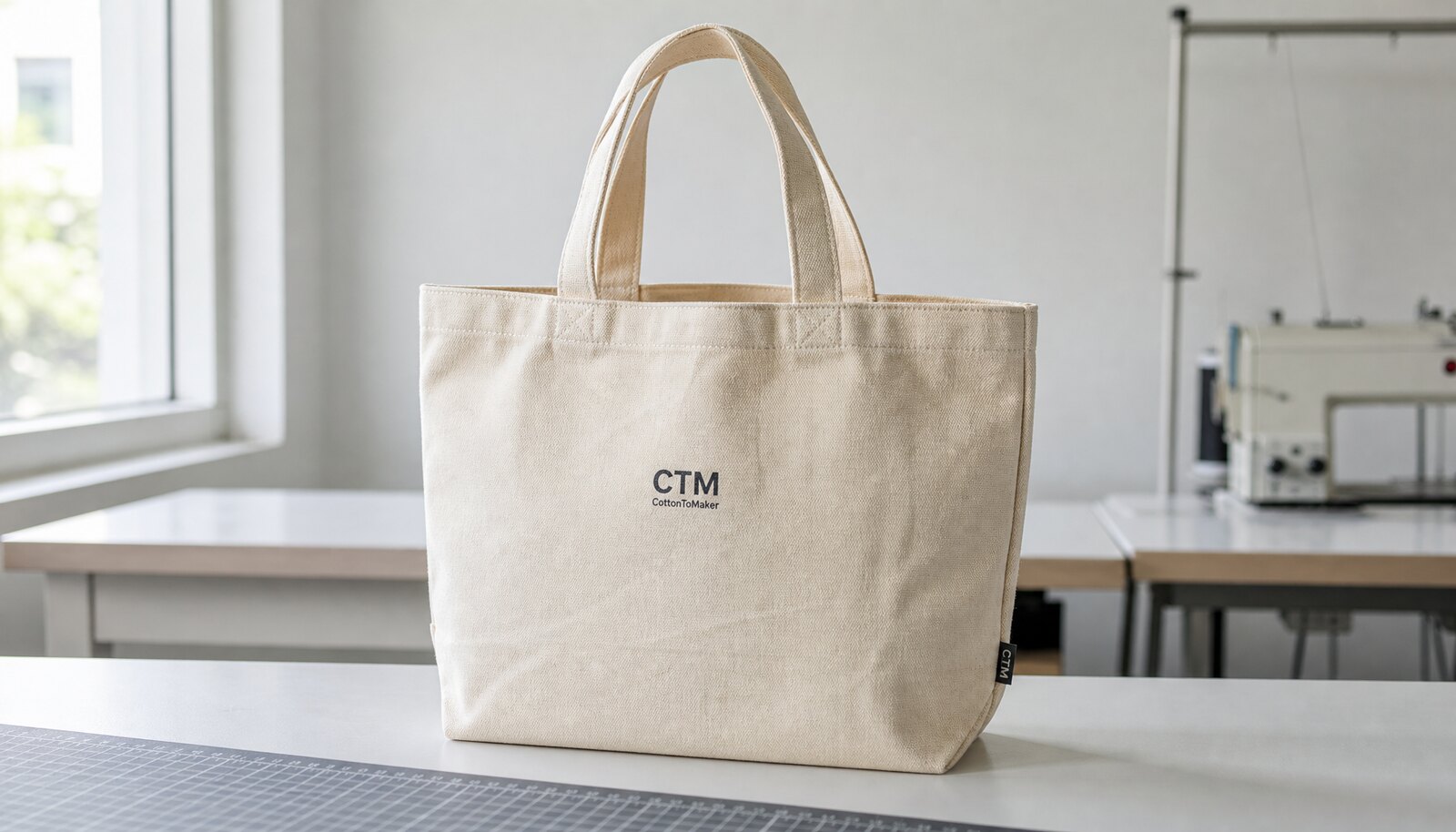 Printed canvas shopping bag with a CTM CottonToMaker sample logo in a clean factory sample room