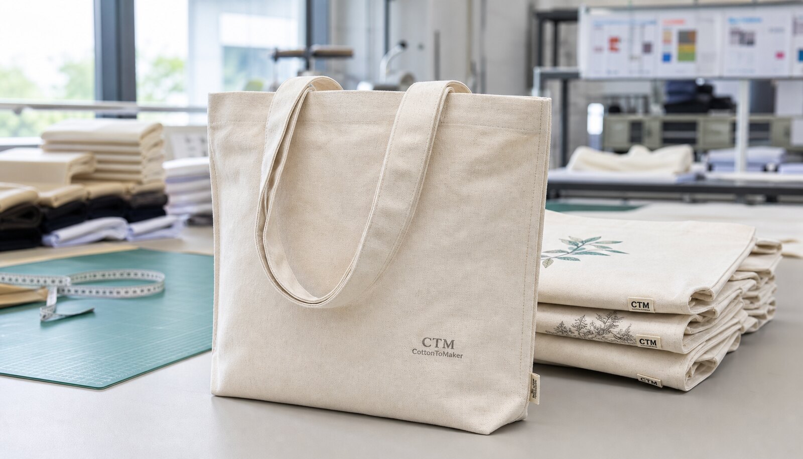 Printed canvas shopping bag with CTM/CottonToMaker logo in a factory sample room