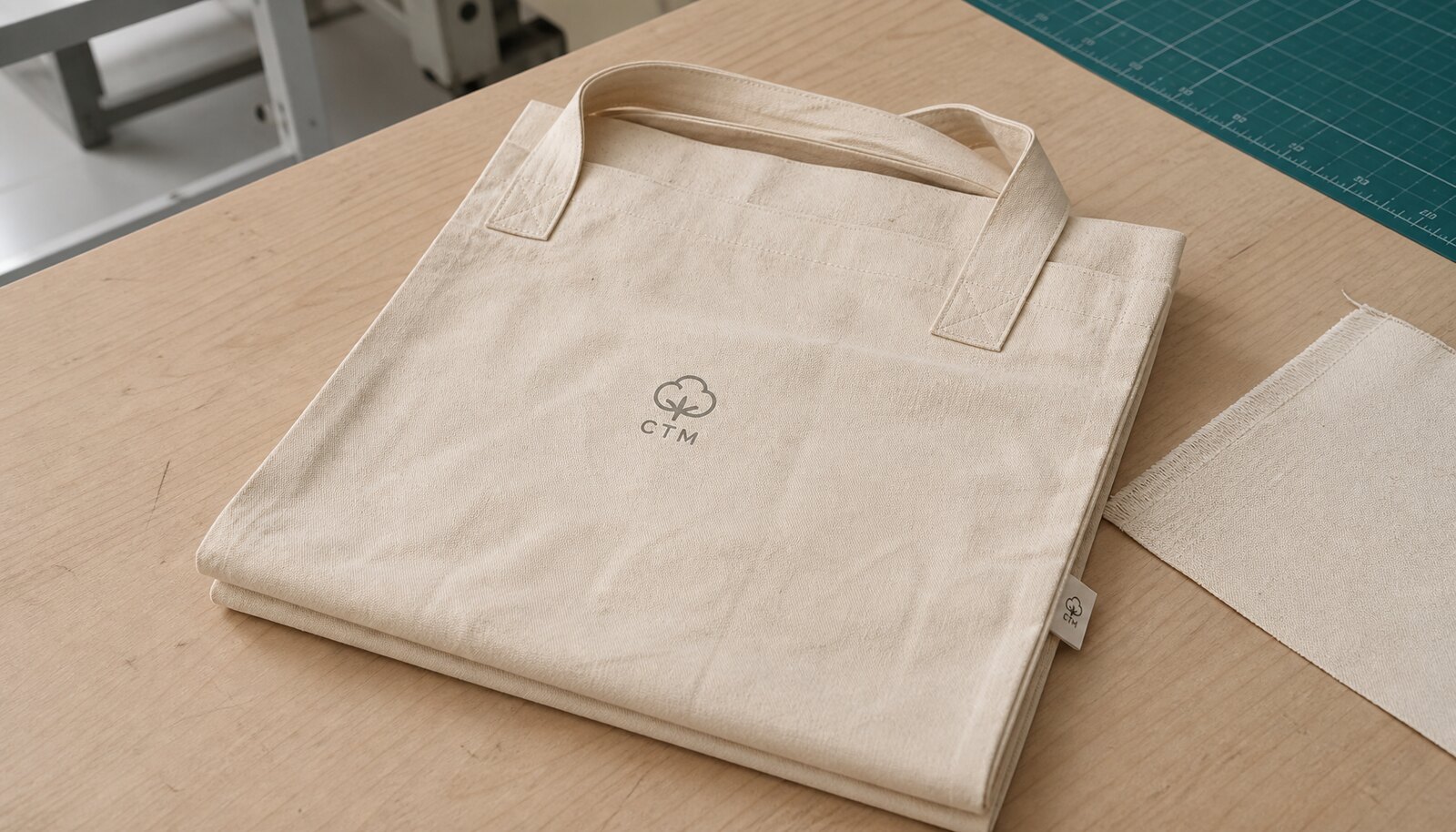 Natural canvas shopping bag with a simple CTM logo printed on the front and a sewn side label in a factory sample room