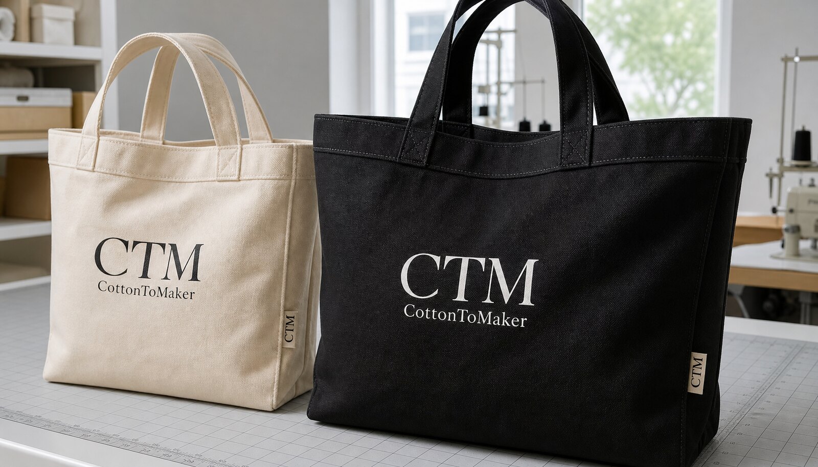 Photorealistic factory sample-room image of printed canvas shopping bags with a simple CTM / CottonToMaker logo printed on the bag and a woven side label.