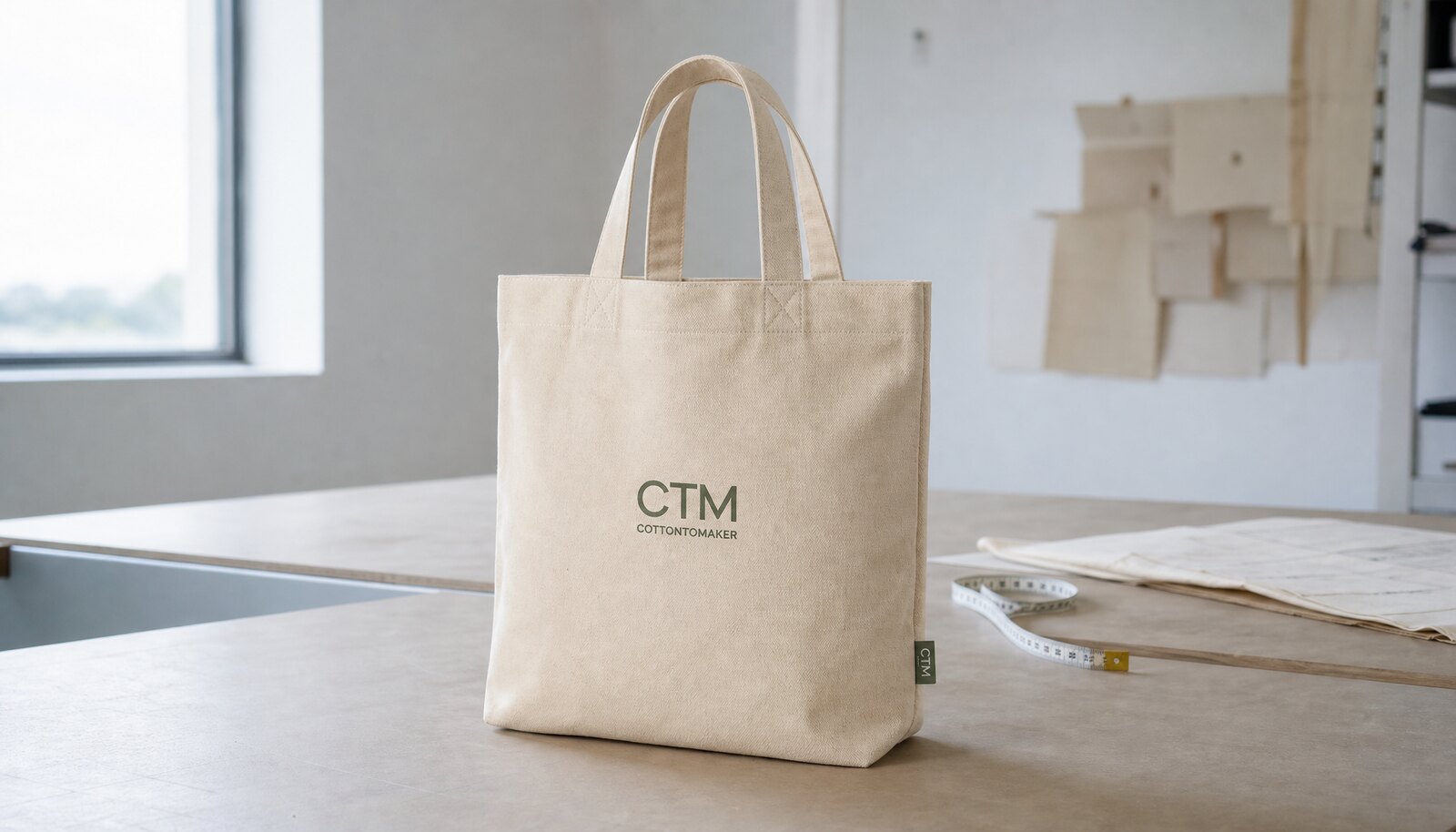 Printed cotton canvas shopping bag with a simple CTM CottonToMaker logo, shown in a clean sample room for bookstore retail buying