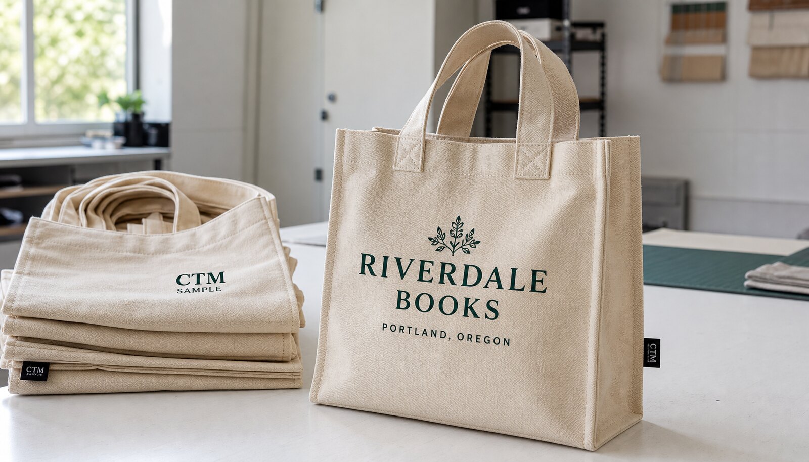 Printed canvas shopping bags with a CTM sample logo shown in a clean factory sample room