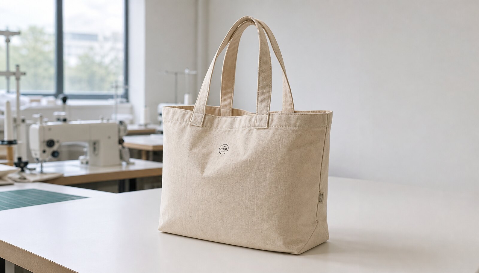 Photorealistic natural canvas bookstore shopping bag with a CTM sample logo in a factory sample room