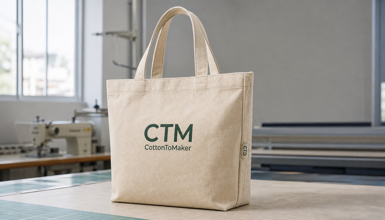 Natural canvas shopping bag with a small CTM logo printed on the front and a woven side label in a clean factory sample room