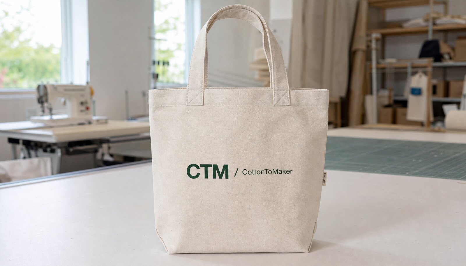 Natural canvas shopping bag with a simple CTM CottonToMaker logo printed on the front in a clean factory sample room