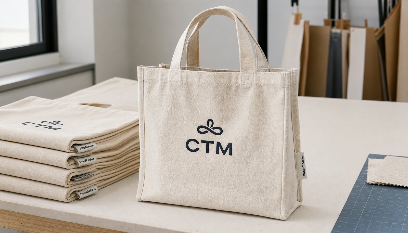 Printed canvas shopping bags with a simple CTM logo displayed in a factory sample room