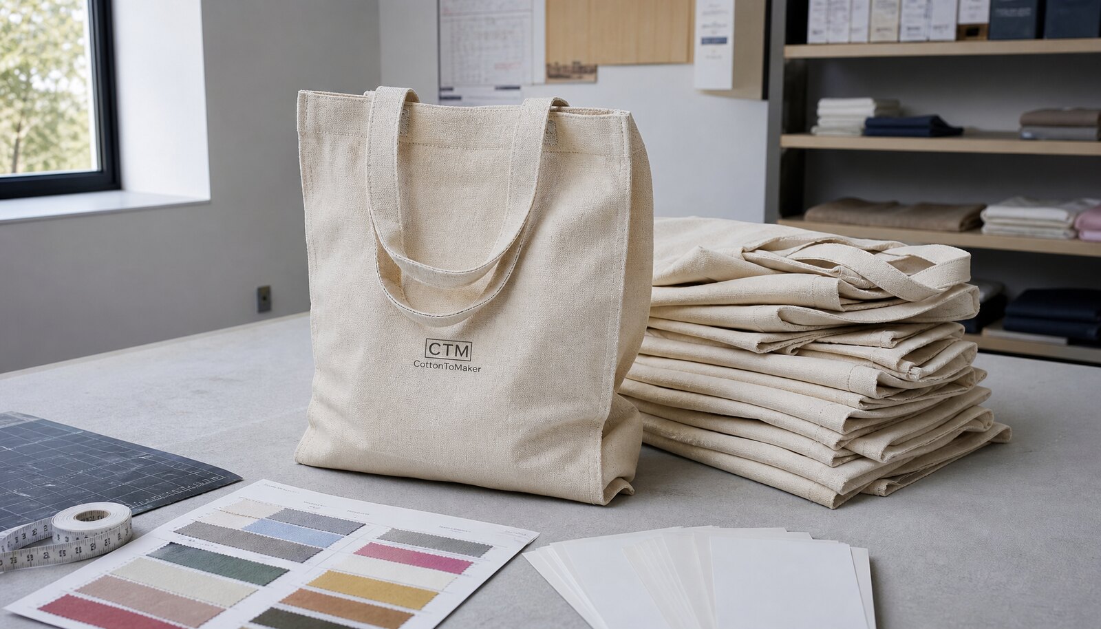 Printed canvas shopping bags for boutiques with a simple CTM CottonToMaker logo shown in a clean factory sample room