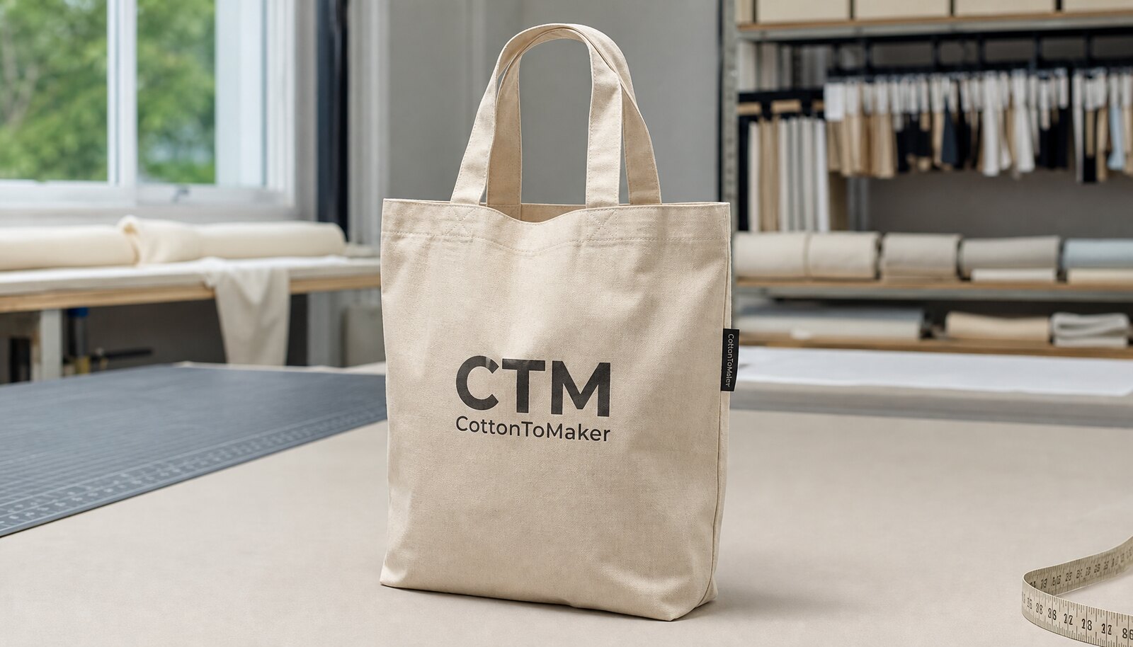 A printed canvas shopping bag with a simple CTM CottonToMaker logo shown in a clean factory sample room.
