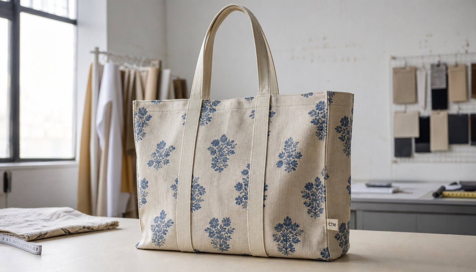 Printed canvas shopping bag sample with a simple CTM / CottonToMaker logo in a factory sample room